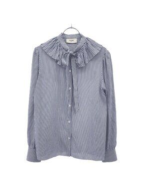 Celine Striped Silk Bowtie Ruffle Shirt Blue 34